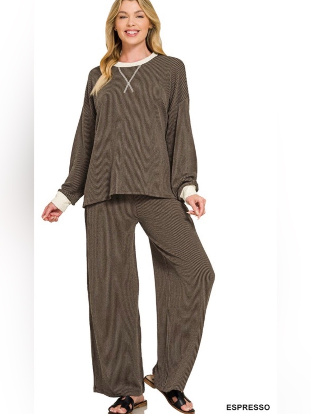 Zenana Outfitters Espresso Ribbed Two-Piece Lounge Set with Cream Trim